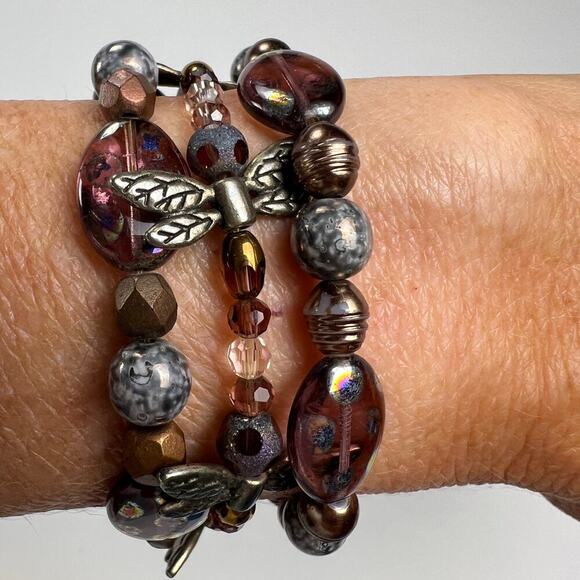 Handmade Beaded Bracelet Trio Purples Browns Dragonfly Metals - Picture 4 of 6